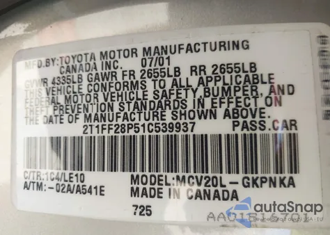 2001 Toyota Camry Solara Sle V6 from USA, damaged, VIN 2T1FF28P51C539937